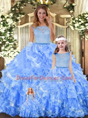 Pretty Light Blue Organza Zipper Quince Ball Gowns Sleeveless Floor Length Lace and Ruffled Layers