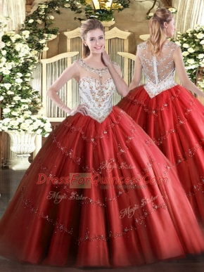Beading and Appliques Sweet 16 Dresses Red Zipper Sleeveless Floor Length
