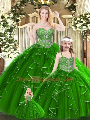 Unique Sweetheart Sleeveless Ball Gown Prom Dress Floor Length Beading and Ruffles Green Tulle