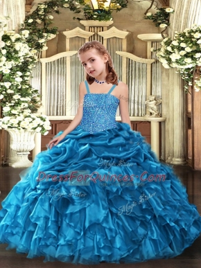 Sleeveless Organza Floor Length Lace Up Little Girl Pageant Gowns in Blue with Beading and Ruffles