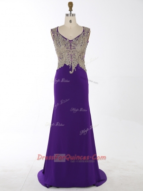 Mermaid Purple V-neck Neckline Beading and Appliques Evening Dress Sleeveless Zipper