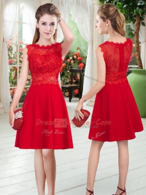 Clearance Red Satin Zipper Scalloped Sleeveless Knee Length Prom Party Dress Lace