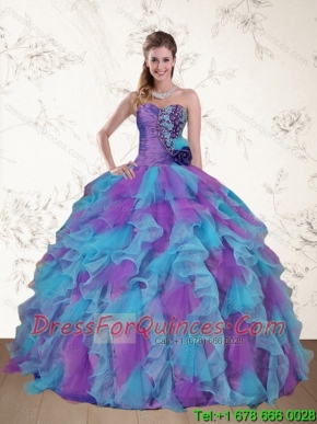 Elegant Strapless Beading and Ruffles Multi Color Sweet 15 Dress