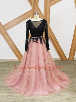 Attractive Long Sleeves Lace and Appliques and Sashes ribbons Zipper Prom Dress with Pink And Black Brush Train