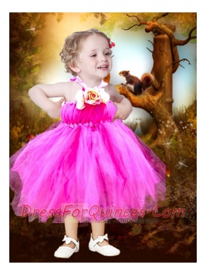 A-Line Tea-length Halter Little Girl Dress with Hand Made Flowers and Ruching