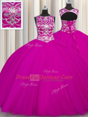 Scoop Fuchsia Sleeveless Tulle Lace Up Quinceanera Dress for Military Ball and Sweet 16 and Quinceanera