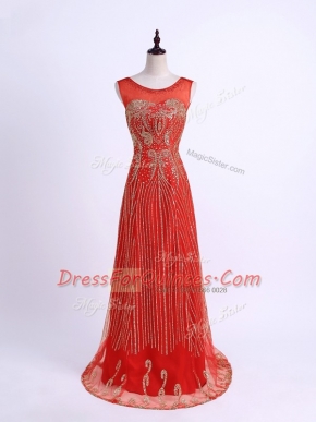 Simple Red Sleeveless Floor Length Beading Zipper Prom Dresses