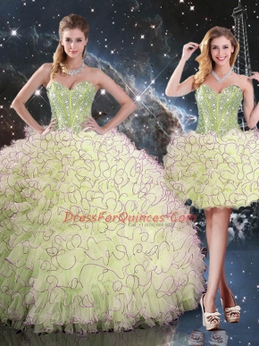 Yellow Green Quinceanera Gown Military Ball and Sweet 16 and Quinceanera with Beading and Ruffles Sweetheart Sleeveless Lace Up