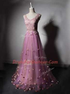 New Style Tulle V-neck Sleeveless Sweep Train Lace Up Beading and Lace and Appliques and Hand Made Flower in Lilac