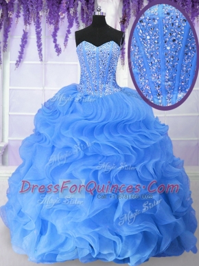 Simple Sequins Blue Sleeveless Organza Lace Up 15th Birthday Dress for Military Ball and Sweet 16 and Quinceanera