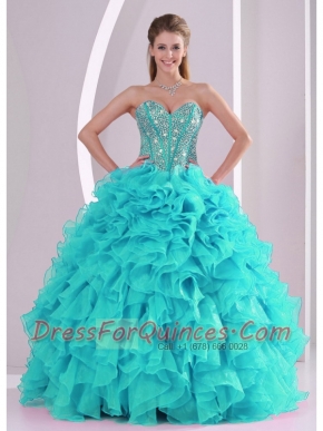 Elegant Aqua Blue Ball Gown Sweetheart Ruffles and Beaded Decorate  Quinceanera Dresses