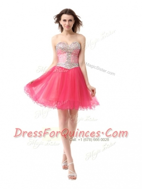 Best Selling Coral Red Zipper Prom Gown Beading Sleeveless Knee Length