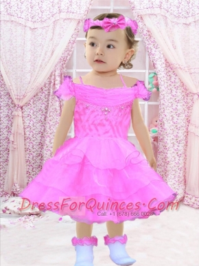 A-Line Off the Shoulder Beading and Ruffles 2014 Little Girl Dresses with Tea-length