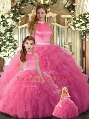 Hot Pink Ball Gowns Beading and Ruffles 15 Quinceanera Dress Backless Tulle Sleeveless Floor Length