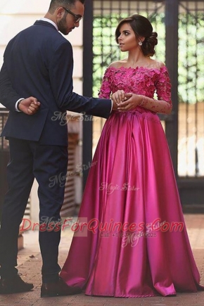 Delicate Off the Shoulder Fuchsia Long Sleeves Sweep Train Appliques Prom Gown