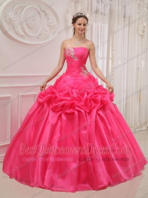 Hot Pink Ball Gown Strapless Floor-length Organza and Taffeta Ruch and Beading Quinceanera Dress