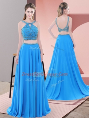 Chiffon Straps Sleeveless Sweep Train Backless Beading Evening Dress in Blue