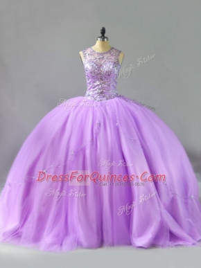 Sleeveless Tulle Floor Length Lace Up Sweet 16 Dresses in Lavender with Beading