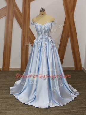 Deluxe Light Blue Elastic Woven Satin Lace Up Prom Evening Gown Sleeveless Floor Length Appliques and Belt