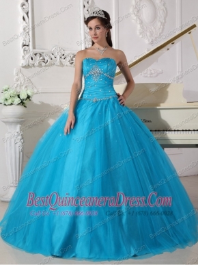 Teal Ball Gown Strapless Floor-length Tulle Beading and Ruch Quinceanera Dress