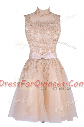 Stylish Knee Length Champagne Prom Party Dress High-neck Sleeveless Zipper