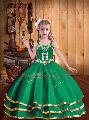 Stylish Green Straps Neckline Embroidery and Ruffled Layers Girls Pageant Dresses Sleeveless Lace Up