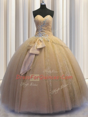 Champagne Ball Gowns Beading and Bowknot Vestidos de Quinceanera Lace Up Tulle and Sequined Sleeveless Floor Length