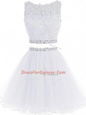 Most Popular Two Pieces Evening Dress White Scoop Tulle Sleeveless Mini Length Zipper