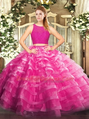Unique Fuchsia Zipper Ball Gown Prom Dress Lace and Ruffled Layers Sleeveless Floor Length
