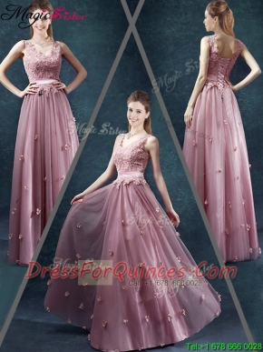 2016 Classical V Neck Prom Dresses with Appliques and Belt