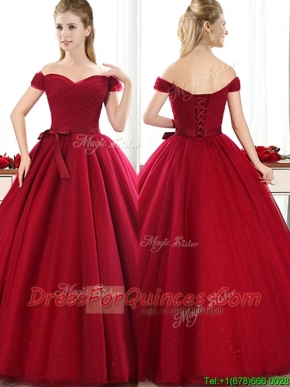 New Arrivals Off the Shoulder Wine Red Dama Dresses with Bowknot