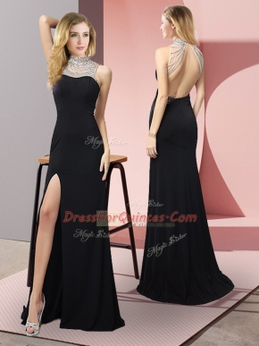 Black Column/Sheath Elastic Woven Satin High-neck Sleeveless Beading Floor Length Backless Prom Dresses