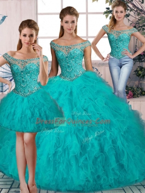 Tulle Off The Shoulder Sleeveless Brush Train Lace Up Beading and Ruffles Quinceanera Dresses in Aqua Blue