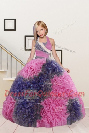 Halter Top Pink and Dark Purple Sleeveless Fabric With Rolling Flowers Lace Up Toddler Flower Girl Dress for Party and Wedding Party