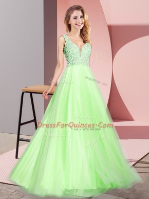 Glittering V-neck Sleeveless Zipper Prom Party Dress Yellow Green Tulle