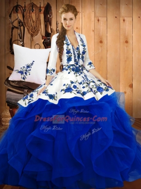 Simple Blue Sleeveless Satin and Organza Lace Up Quinceanera Gowns for Military Ball and Sweet 16 and Quinceanera