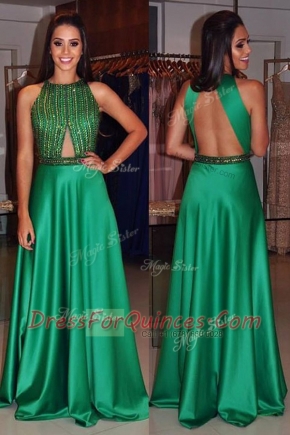 Scoop Green Satin Backless Dress for Prom Sleeveless Floor Length Beading