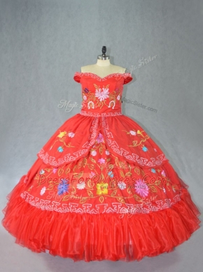 Excellent Red Ball Gowns Off The Shoulder Sleeveless Satin Floor Length Lace Up Embroidery Ball Gown Prom Dress