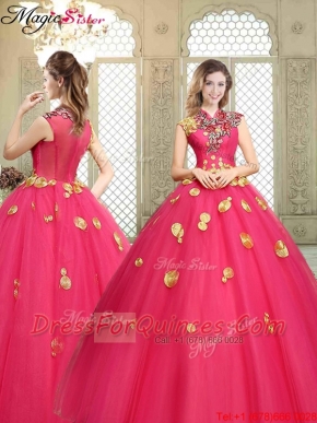 Beautiful High Neck Cap Sleeves Discount Quinceanera Dresses with Appliques