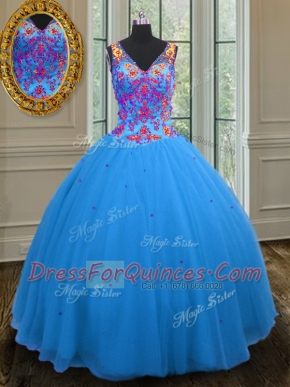 Comfortable Blue Tulle Zipper Straps Sleeveless Floor Length Quinceanera Gowns Beading and Sequins
