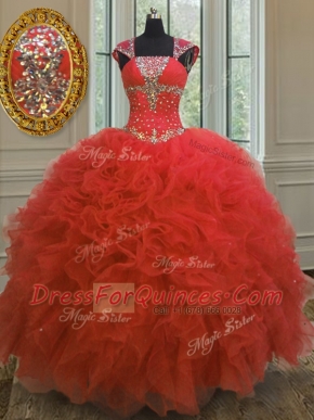 Straps Cap Sleeves Ball Gown Prom Dress Floor Length Beading and Ruffles and Sequins Coral Red Organza