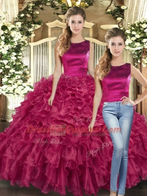 Dramatic Fuchsia 15th Birthday Dress Military Ball and Sweet 16 and Quinceanera with Ruffles Scoop Sleeveless Lace Up