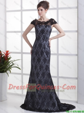 Luxurious Column Lace Black Prom Dresses with Brush Train