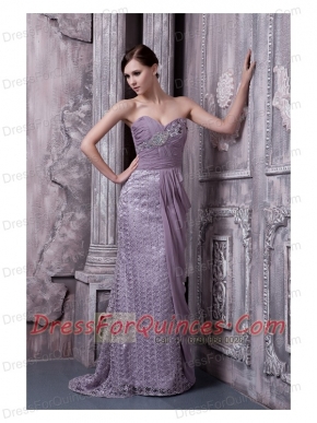 Prom Dress Lavender Column Sweetheart Brush Train Special Fabric and Chiffon Beading