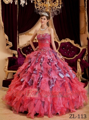 Quinceanera Dress In Watermelon Ball Gown Sweetheart With Beading Leopard and Organza