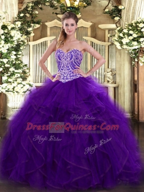 Floor Length Lace Up Quinceanera Dresses Purple for Military Ball and Sweet 16 and Quinceanera with Beading and Ruffles