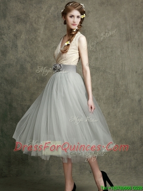Wonderful Hand Made Flowers and Belted Prom Dresses with Tea Length