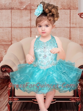 Sweet A-Line Halter Mini-length Beading Blue Little Girl Dress