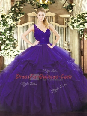 Floor Length Zipper Quinceanera Dresses Purple for Sweet 16 and Quinceanera with Beading and Ruffles