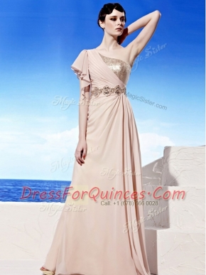 Exquisite Chiffon One Shoulder Sleeveless Side Zipper Sequins and Ruching in Peach